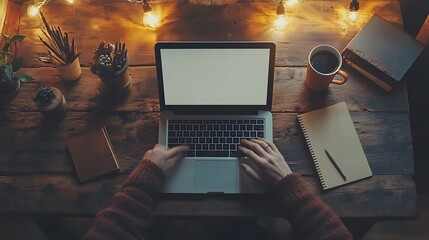 Poster - A cozy workspace with a laptop, notes, and a mug, surrounded by warm lights, creating an inviting atmosphere for productivity or creativity.