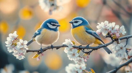 Two bluebirds perched on a blossoming tree branch, their feathers bright against the white flowers and soft background.