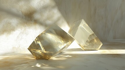 Poster - Two transparent crystals with a golden hue arranged stylishly on a light-colored surface illuminated by soft natural light