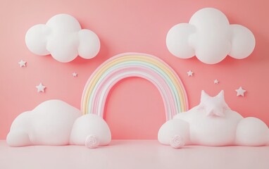 Wall Mural - A whimsical scene featuring soft clouds, a pastel rainbow, and stars against a pink backdrop, evoking a dreamy atmosphere.