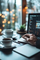 Poster - A cozy workspace scene featuring a laptop, coffee cups, and a plant, illuminated by soft bokeh lights, ideal for productivity and comfort.