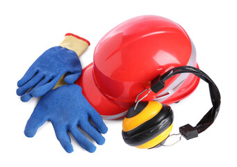 Sticker - Orange hard hat, gloves and earmuffs isolated on white. Safety equipment