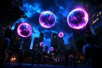 Poster - Futuristic scene of a city park where people gather to release glowing, levitating orbs into the sky, celebrating the Festival of Lights with advanced technology