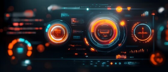 Poster - Mesmerizing and immersive futuristic digital data display with seamless blending of vibrant neon accented GUI elements sleek high tech technology environment