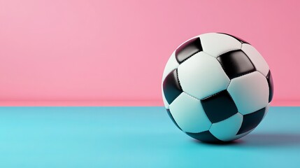 A classic black and white leather soccer ball is isolated on a blue-pink background. The image is rendered in 3D and is high resolution, leaving ample empty space for text or design elements. 