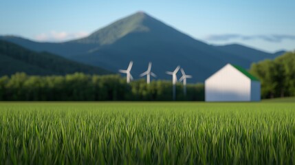 A field of grass with a windmill and a white house in the background