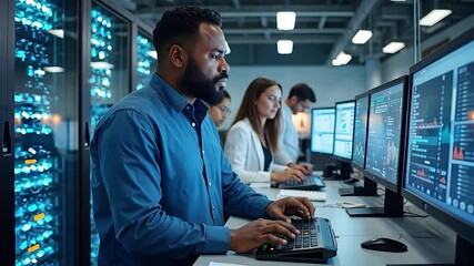 IT Team Working on Computers in a Server Room