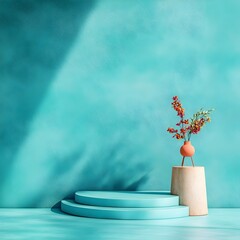 Poster - Pristine 3D product display area with sky blue wall and floor backdrop tabletop pedestal with subtle shadow play minimalist mockup presentation under natural daylight