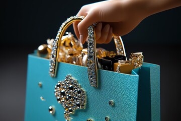 Aufkleber - Hyper-realistic close-up of a hand grabbing a shopping bag filled with luxury items, with intricate details of the textures and reflections of light on the bags