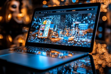 Aufkleber - Hyper-realistic depiction of a laptop screen showing a vibrant online shopping site, with detailed reflections of product images and the shopperâ€™s face in the screen