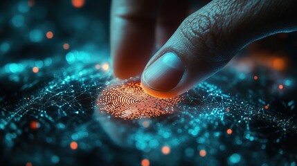 Poster - Man using thumb to scan finger print or for digital processing bio-metric identification to access security system includes internet banking, cloud system and Cyber security concept