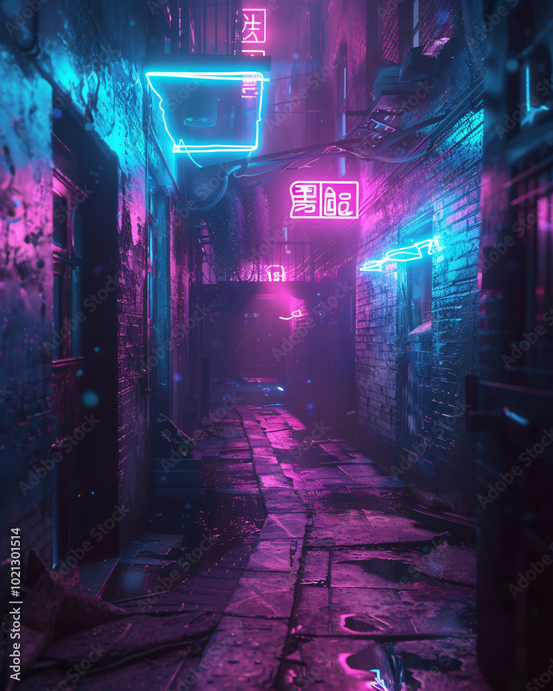 cyberpunk style dark alley with pink and blue gradient narrow alley in ...