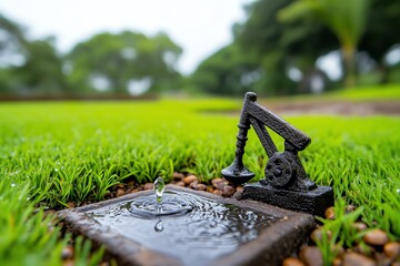 Minimalist depiction of a hand pump and a water droplet, symbolizing the traditional yet vital role of water access in rural water supply