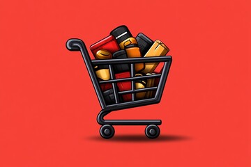 Poster - Minimalist design of a shopping cart icon filled with digital products, symbolizing the simplicity and convenience of online shopping