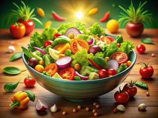 Dynamic 3D artwork presents a fresh salad bowl teeming with colorful vegetables, promoting the delightful experience and health benefits of nutritious eating.