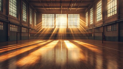 Aufkleber - An empty gymnasium illuminated by sunlight streaming through large windows, creating warm rays and shadows on the polished wooden floor.