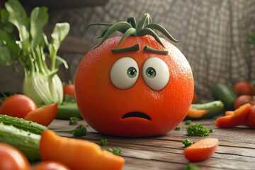 cartoon made animated tomato with funny shocked face