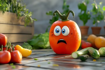 cartoon made animated tomato with funny shocked face