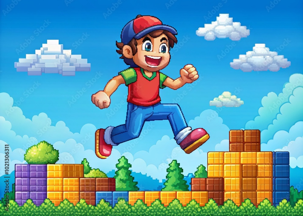 Colorful Retro Gaming Character Jumping Over Blocks in a Fun Pixel Art World for Video Game Enthusiasts and