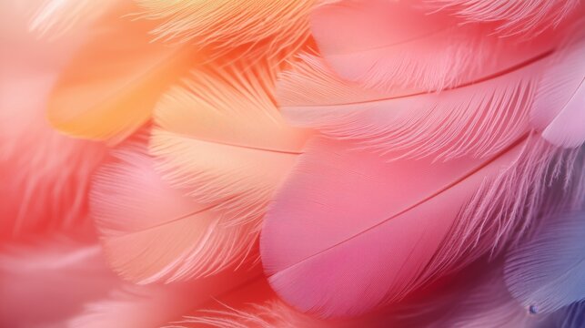 Close-up of colorful feathers on a pink background with copy space