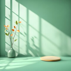 Poster - Elegant 3D studio setting featuring a celadon green color scheme an empty floor and wall and a product display podium with a shadow overlay  This illustrative mockup presentation showcases a bright