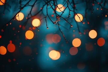 Wall Mural - Silhouetted Tree Branches with Water Droplets and Defocused Warm Lights