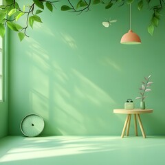 Poster - Clean and Minimalist 3D Studio Environment with Verdant Green Backdrop Uncluttered Space and Sunlit Product Pedestal for Premium Lifestyle and Design Showcase