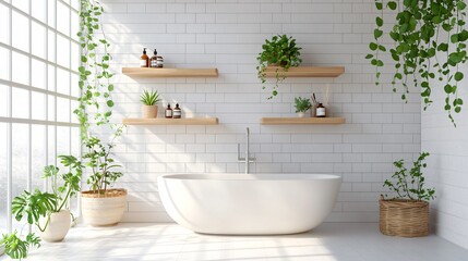 A Scandinavian-inspired bathroom with clean white tiles, light wooden shelves, and minimalist decor, isolated against a light gray background with subtle texture