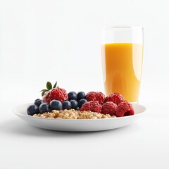 A 3D rendering of a morning meal with oatmeal, fresh berries, and a glass of juice, isolated on a clean white surface