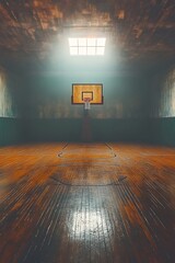 Aufkleber - An abandoned basketball court bathed in soft light, highlighting the dusty floor and a lone hoop, evoking a sense of nostalgia and stillness.