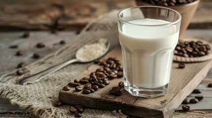 Glass of Milk with Coffee Beans on Rustic Wooden Background