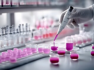 Poster - Meticulous laboratory experiment with a researcher precisely pipetting a vibrant purple liquid into various glass dishes