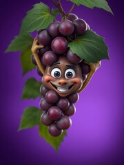 A mischievous grape cartoon character with a cheeky grin swinging from a vine set against a deep purple backdrop that enhances the grapea??s natural color halloween backdrop