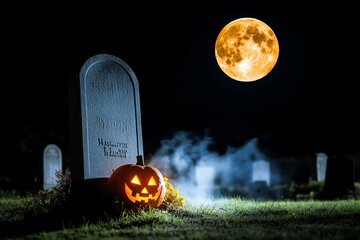 Realistic image of a creepy Halloween graveyard, with dark shadows cast by the full moon and fog swirling around ancient tombstones