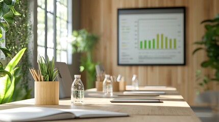 Aufkleber - A modern conference room with wooden decor, plants, and a screen displaying a green data graph.