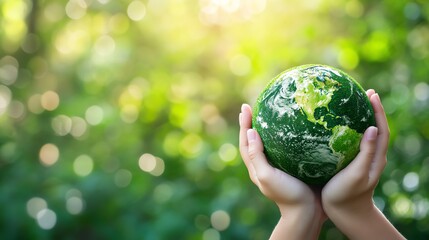 Hands holding globe in green nature