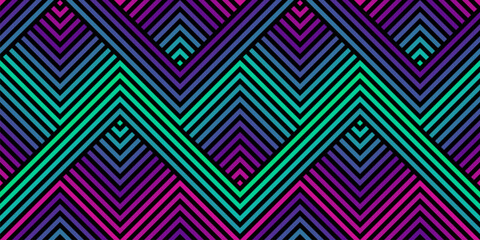 Vector geometric seamless pattern with colorful zigzag lines, stripes, chevron, halftone effect. Abstract sport style urban graphic texture. Trendy background in retro Y2K style. Modern neon gradient