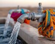 © nitnicha - A close-up of water flowing from metallic taps adorned with colorful cloths in a serene landscape.
