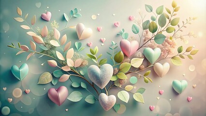 Poster - Delicate Hearts and Leaves Arrangement in Soft Colors for Romantic and Nature-Inspired Themes