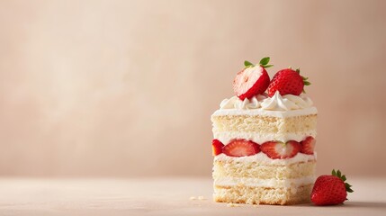 Strawberry shortcake with a slice cut out, pastel background