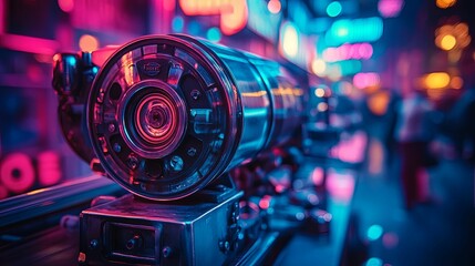 Close-up of a Metal Object with a Circular Lens in a Neon Lit Setting