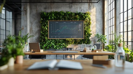 Aufkleber - A modern office space featuring a large screen on a green wall, surrounded by plants and a wooden table, creating a fresh and productive environment.