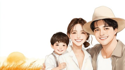 Happy Family Portrait  Watercolor Illustration  Parents and Child Smiling Together  Love  Togetherness  Joy