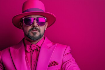 Poster - Man in a pink suit and hat poses for a photo. The image has a playful and fun mood, as the man is wearing a pink suit and hat, which is not a typical outfit for most people