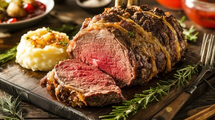 Sliced roast beef with mashed potatoes, plated meal