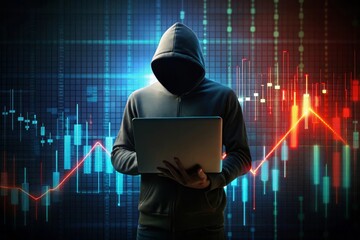 Hacker using computers at desk with glowing candlestick forex chart on gray background with index Trade hacking stock and global finance concept Double exposure