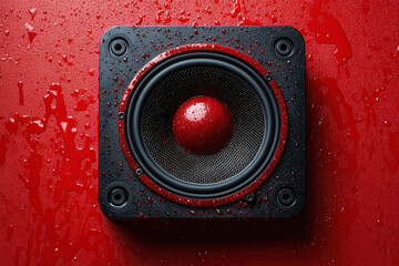 A red speaker is mounted on a wall with water droplets, creating a dynamic and lively visual effect against the vibrant background.