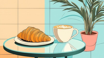 Wall Mural - Serene Coffee Break: Minimalistic Graphic Illustration of Cappuccino and Croissant on Cafe Terrace, Bold Outlines with Playful Colors