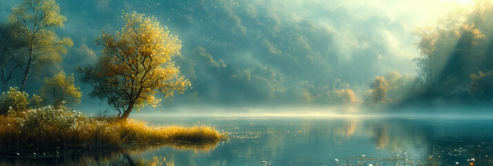 Wall Mural - foggy meadow. enchanting sunrise