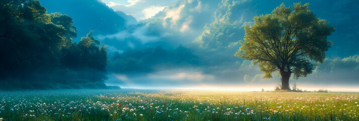 Wall Mural - foggy meadow. enchanting sunrise